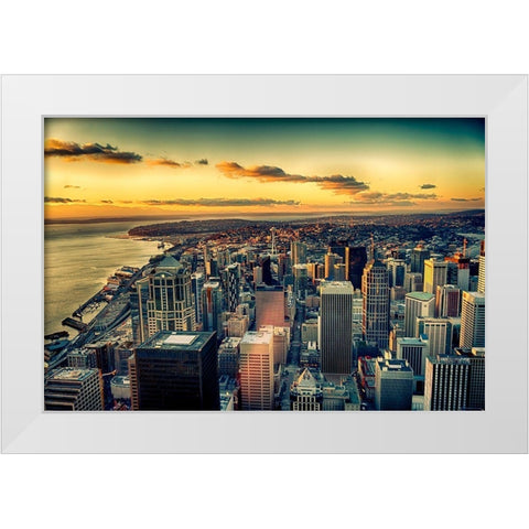 Washington State-Seattle Dusk on the Seattle skyline and Elliot Bay White Modern Wood Framed Art Print by Duval, Richard