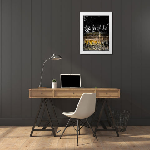 Washington State-Woodinville Sparkling wine bottles and glasses ready for tasting at a wine event White Modern Wood Framed Art Print by Duval, Richard