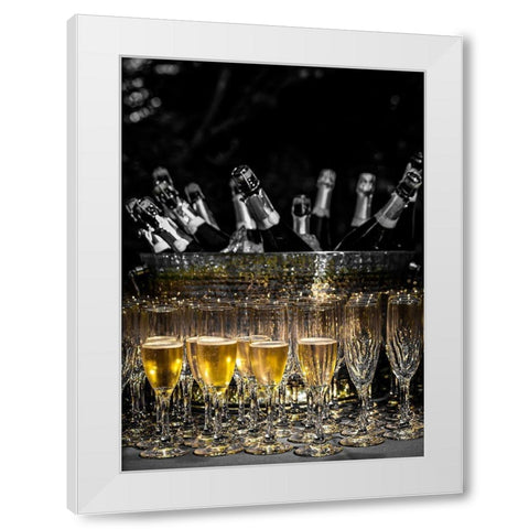 Washington State-Woodinville Sparkling wine bottles and glasses ready for tasting at a wine event White Modern Wood Framed Art Print by Duval, Richard