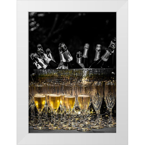 Washington State-Woodinville Sparkling wine bottles and glasses ready for tasting at a wine event White Modern Wood Framed Art Print by Duval, Richard