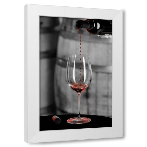 Red wine pouring into is captured in mid-air before it touches wine glass White Modern Wood Framed Art Print by Duval, Richard