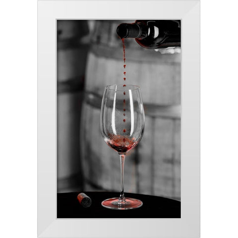 Red wine pouring into is captured in mid-air before it touches wine glass White Modern Wood Framed Art Print by Duval, Richard