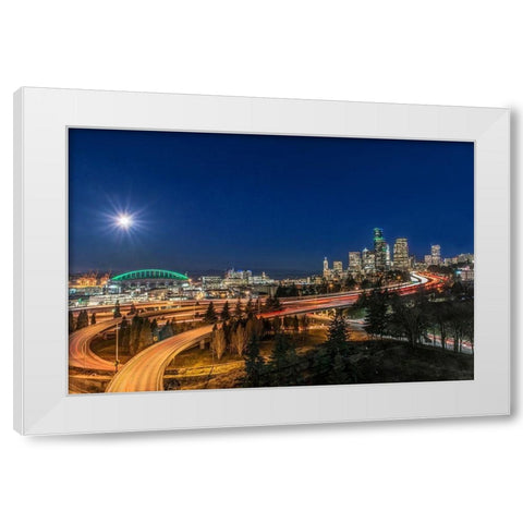 Washington State-Seattle Full Moon Over Downtown White Modern Wood Framed Art Print by Tilley, Rob