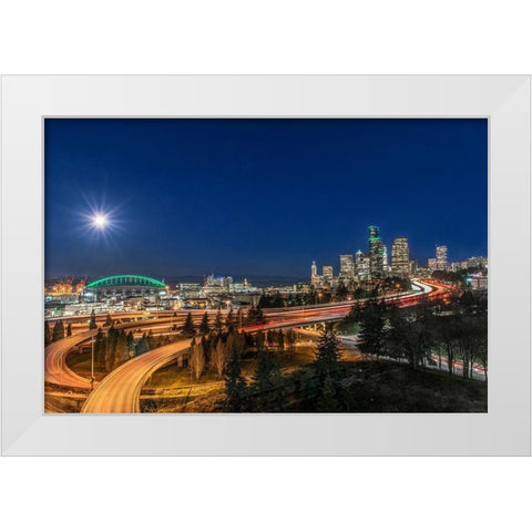 Washington State-Seattle Full Moon Over Downtown White Modern Wood Framed Art Print by Tilley, Rob