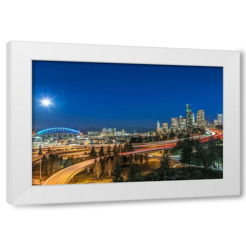 Washington State-Seattle Full Moon Over Downtown White Modern Wood Framed Art Print by Tilley, Rob