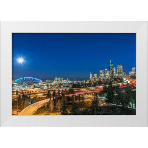 Washington State-Seattle Full Moon Over Downtown White Modern Wood Framed Art Print by Tilley, Rob