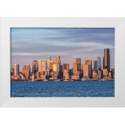 Washington State-Seattle Waterfront and Skyline at Sunset White Modern Wood Framed Art Print by Tilley, Rob