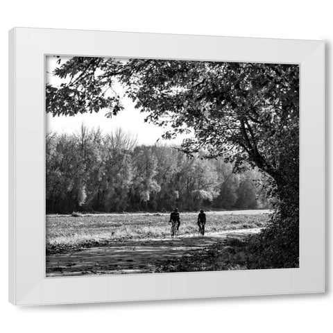 USA-Washington State-Fall City black and white two bike riders along Neal Rd SE White Modern Wood Framed Art Print by Gulin, Sylvia