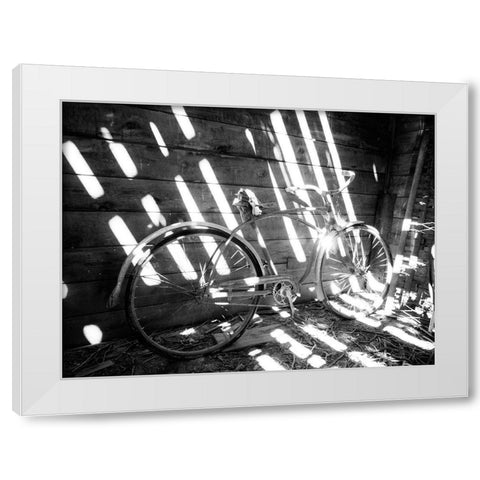 Old bicycle inside barn with shadows streaming White Modern Wood Framed Art Print by Eggers, Terry
