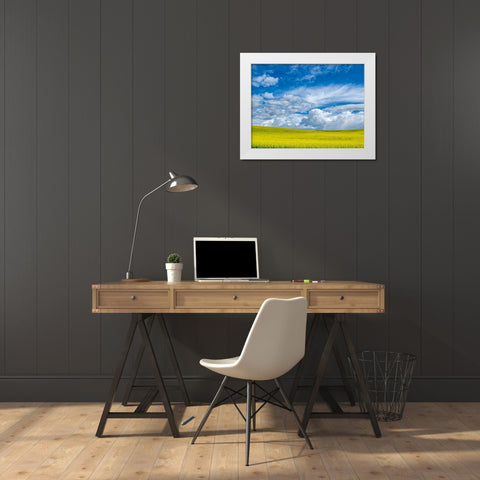 USA-Washington State-Palouse-Spring canola field with beautiful clouds White Modern Wood Framed Art Print by Eggers, Terry