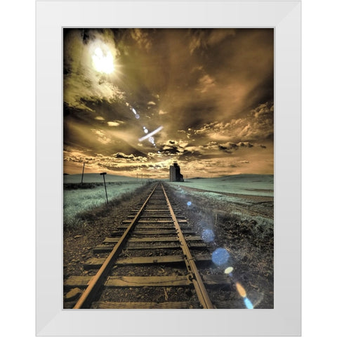 USA-Washington State-Palouse-Backcountry rail Road and Silo through wheat field with clouds White Modern Wood Framed Art Print by Eggers, Terry