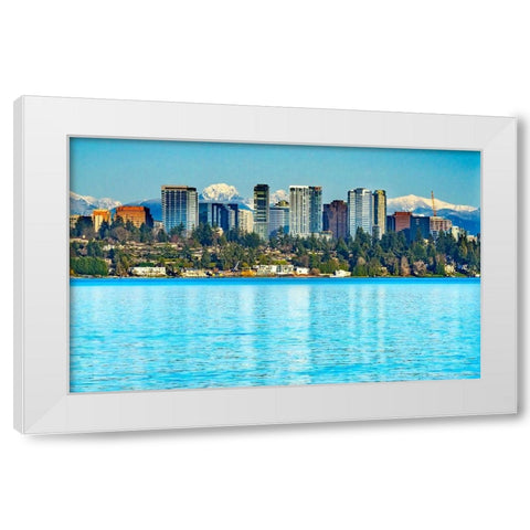 High-rise buildings-Lake Washington and snowcapped Cascade Mountains-Bellevue-Washington State White Modern Wood Framed Art Print by Perry, William