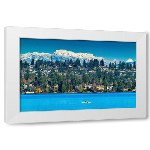 Yellow canoe and houses-Lake Washington and snowcapped Cascade Mountains-Bellevue-Washington State White Modern Wood Framed Art Print by Perry, William