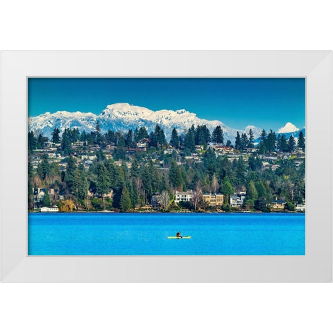 Yellow canoe and houses-Lake Washington and snowcapped Cascade Mountains-Bellevue-Washington State White Modern Wood Framed Art Print by Perry, William