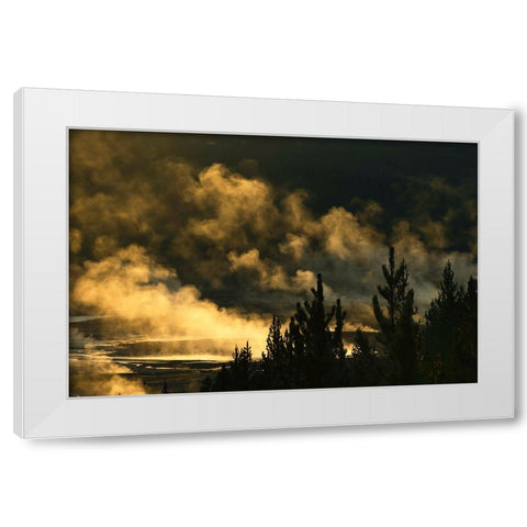 Elevated view of runoff water and bacterial mat-Grand Prismatic spring White Modern Wood Framed Art Print by Jones, Adam