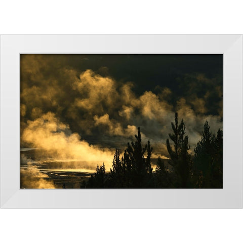 Elevated view of runoff water and bacterial mat-Grand Prismatic spring White Modern Wood Framed Art Print by Jones, Adam
