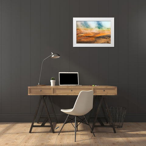 Elevated view of Grand Prismatic spring and colorful bacterial mat-Yellowstone National Park White Modern Wood Framed Art Print by Jones, Adam