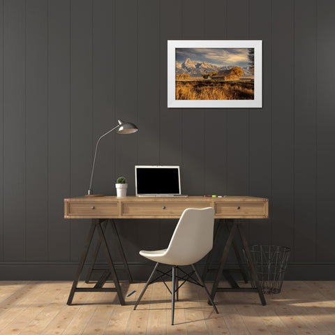 Moulton barn at sunrise and Teton Range-Grand Teton National Park-Wyoming White Modern Wood Framed Art Print by Jones, Adam