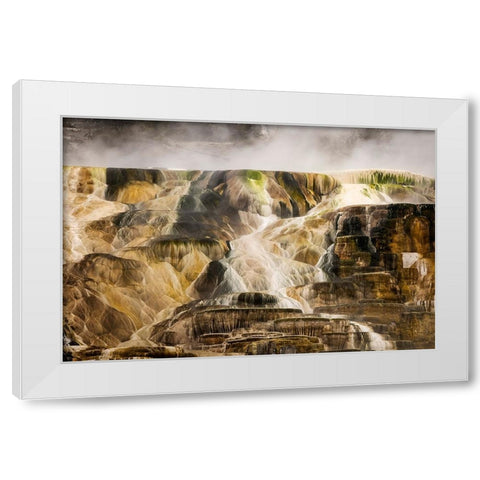 Colorful travertine slope with yellow and brown cyanobacteria-Mammoth Hot Springs White Modern Wood Framed Art Print by Jones, Adam