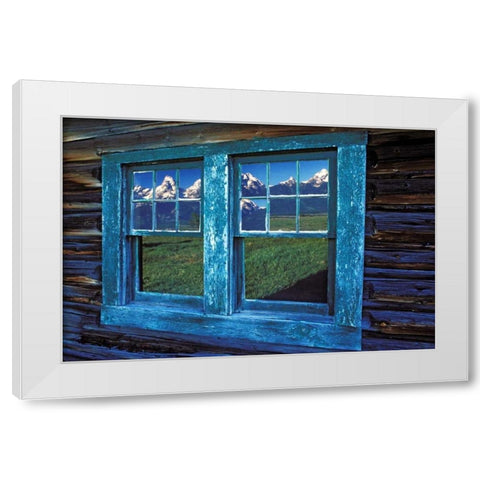 WY, Grand Tetons reflecting in windows at sunrise White Modern Wood Framed Art Print by Kirkland, Dennis