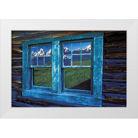 WY, Grand Tetons reflecting in windows at sunrise White Modern Wood Framed Art Print by Kirkland, Dennis