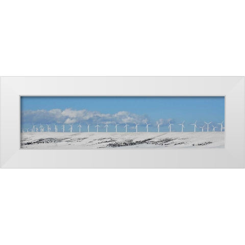 WY, Foote Creek Rim Row of wind turbines in snow White Modern Wood Framed Art Print by Terrill, Steve