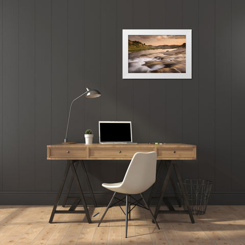 WY, Bridger NF Sunset on rapids and stream White Modern Wood Framed Art Print by Paulson, Don