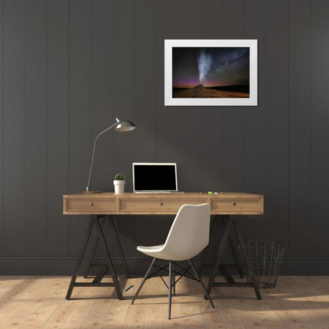 Wyoming-Yellowstone National Park Aurora and Milky Way above erupting White Dome Geyser  White Modern Wood Framed Art Print by Jaynes Gallery