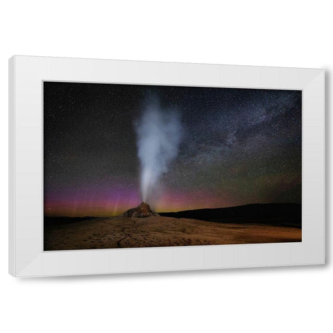 Wyoming-Yellowstone National Park Aurora and Milky Way above erupting White Dome Geyser  White Modern Wood Framed Art Print by Jaynes Gallery