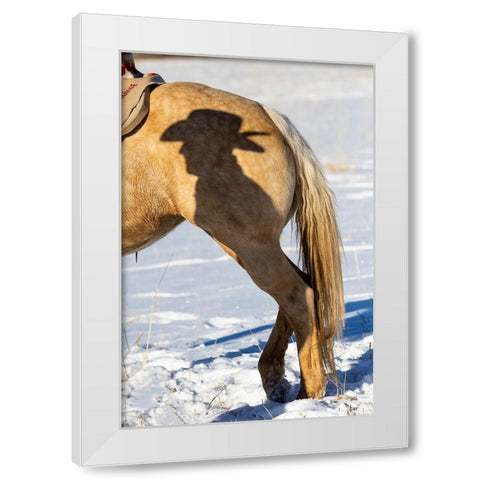 USA- Shell- Wyoming. Hideout Ranch Shadow of cowhand with hat on side of horse.  White Modern Wood Framed Art Print by Gulin, Darrell