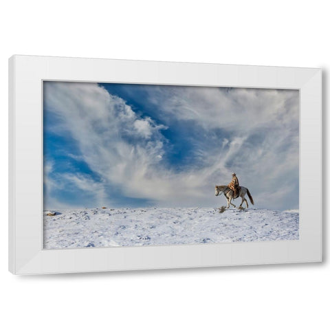 USA- Shell- Wyoming. Hideout Ranch cowgirl on horseback riding on ridgeline snow.  White Modern Wood Framed Art Print by Gulin, Darrell