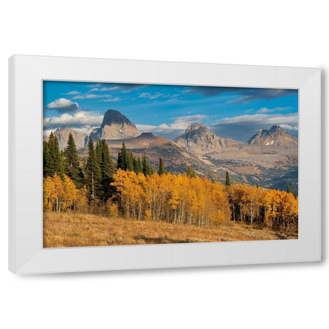 Landscape of Mt Owen-Grand Teton and Middle Teton from the west-golden fall foliage White Modern Wood Framed Art Print by Garber, Howie