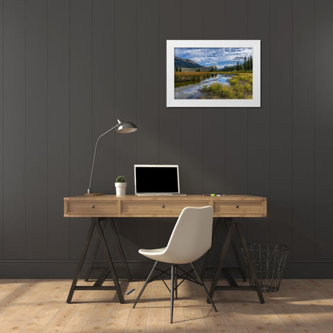 USA-Wyoming-White Rock Mountain and Squaretop Peak above Green River wetland White Modern Wood Framed Art Print by Garber, Howie