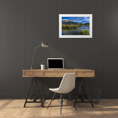 USA-Wyoming-White Rock Mountain and Squaretop Peak above Green River wetland White Modern Wood Framed Art Print by Garber, Howie
