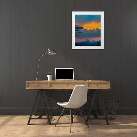 USA-Wyoming-Dramatic sky at sunset over Grand Teton-west side of Teton Mountains White Modern Wood Framed Art Print by Garber, Howie