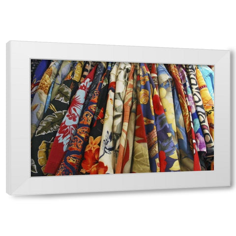 USA, Closet full of aloha shirts on hangers White Modern Wood Framed Art Print by Terrill, Steve