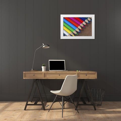 USA, Row of multicolored pencils on paper White Modern Wood Framed Art Print by Terrill, Steve