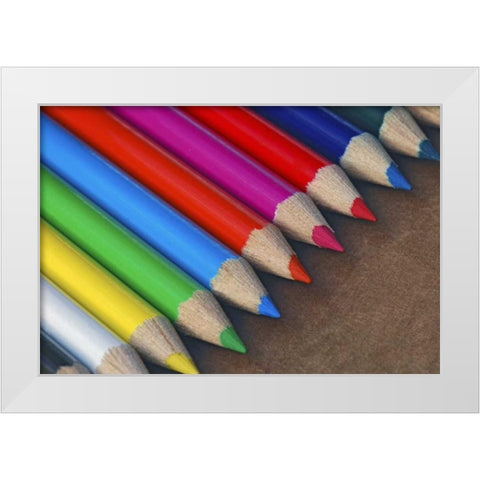 USA, Row of multicolored pencils on paper White Modern Wood Framed Art Print by Terrill, Steve