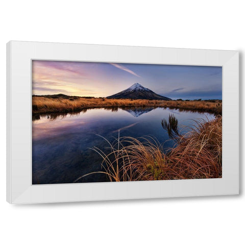 Mount Taranaki: Morning Breeze White Modern Wood Framed Art Print by Zhang, Yan