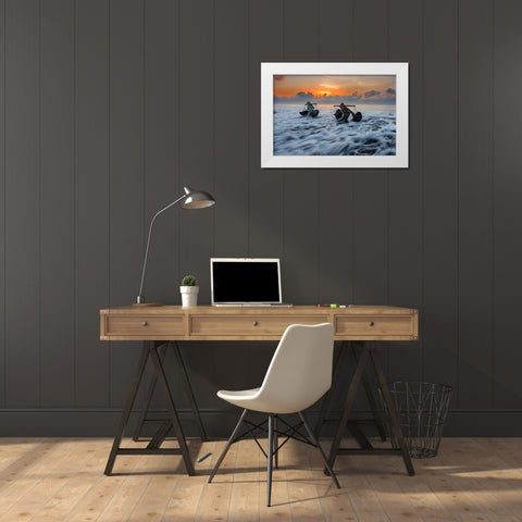 Collecting Seawater White Modern Wood Framed Art Print by Raja, Pradeep