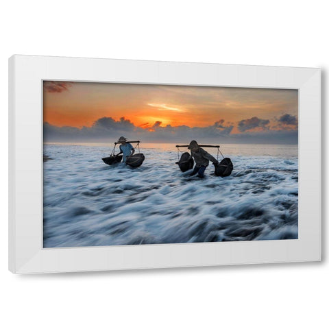 Collecting Seawater White Modern Wood Framed Art Print by Raja, Pradeep