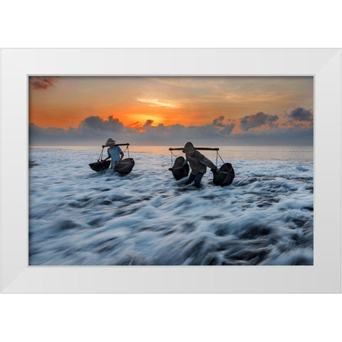 Collecting Seawater White Modern Wood Framed Art Print by Raja, Pradeep