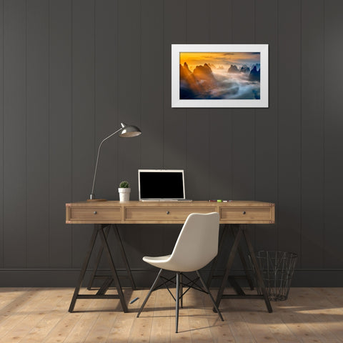 Yangshuo Sunrise White Modern Wood Framed Art Print by Zhu, Hua