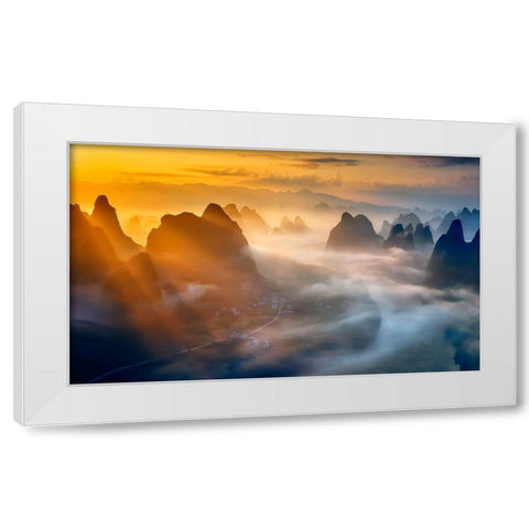 Yangshuo Sunrise White Modern Wood Framed Art Print by Zhu, Hua