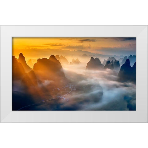 Yangshuo Sunrise White Modern Wood Framed Art Print by Zhu, Hua