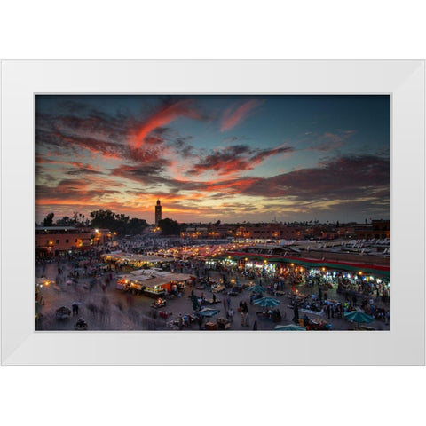 Sunset Over Jemaa Le Fnaa Square In Marrakech-Morocco White Modern Wood Framed Art Print by Mirica, Dan