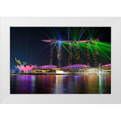 Marina Bay Sands Lasershow White Modern Wood Framed Art Print by Fleckenstein, Martin