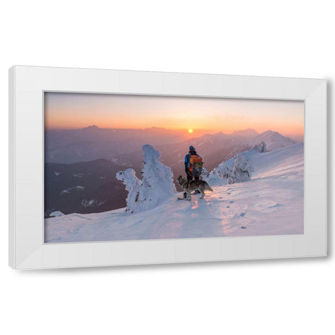 Snowboarder And His Dog White Modern Wood Framed Art Print by Krivec, Ales