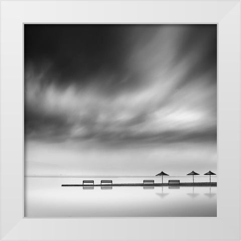 Four Benches And Three Umbrellas White Modern Wood Framed Art Print by Digalakis, George