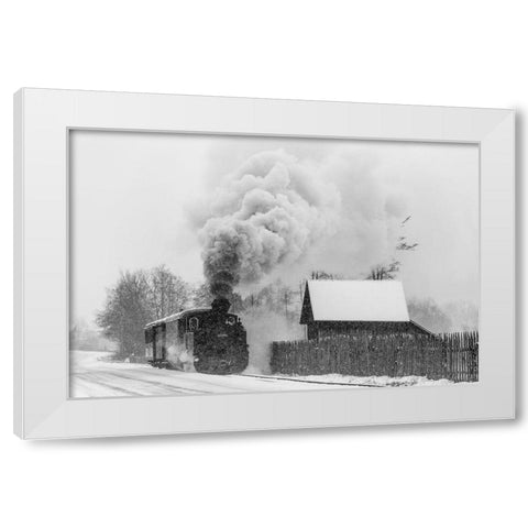 Old Train Hutulca White Modern Wood Framed Art Print by Dorin Lucian, Sveduneac